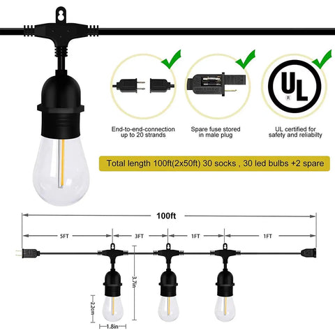 Two 50 Foot Dimmable Edison Style Shatterproof String Lights With 32 LED Bulbs 100 Feet Total diagram and connection details