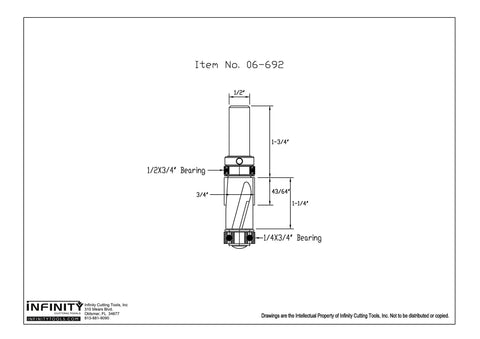 Technical drawing of Mega Flush Trim Router Bit Set With Carbide Tips, dimensions and specifications shown in detail.