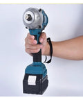 Gangsud Cordless Brushless Impact Wrench held by hand, featuring a battery pack, designed for high torque and heavy duty work.