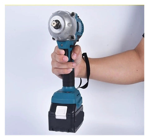 Gangsud Cordless Brushless Impact Wrench held by hand, featuring a battery pack, designed for high torque and heavy duty work.