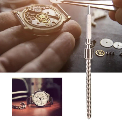Durable Silver Alloy Watch Movement Stem 0.9mm or 1.2mm Replacement for 7750 shown near watch repair components