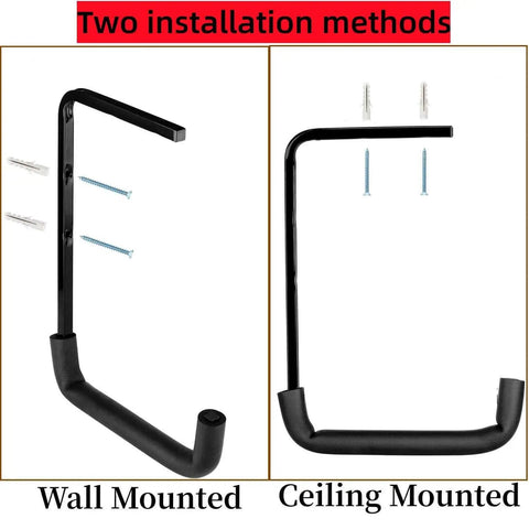 Six Pack Heavy Duty Overhead Garage Storage Hooks For Ceiling And Wall Mounts Ladder Hangers shown in wall and ceiling mounts