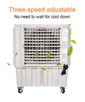 Portable Evaporative Air Cooler With Built In Water Tank And Easy Grip Remote Control. Three-speed adjustable fan with grey plastic casing.