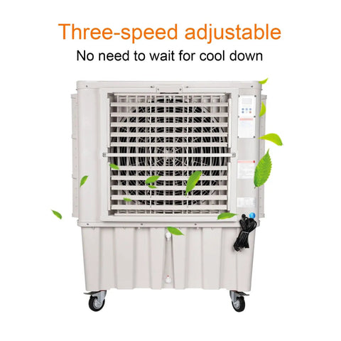 Portable Evaporative Air Cooler With Built In Water Tank And Easy Grip Remote Control. Three-speed adjustable fan with grey plastic casing.