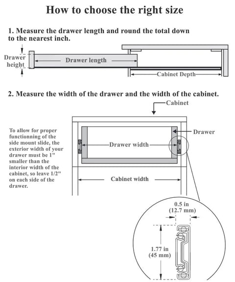Diagram explaining measurements for installing 2 Pairs Push To Open Drawer Slides 16 Inch Full Extension Heavy Duty Ball Bearing Metal Drawer Runners Rails Track For Kitchen Cabinets And Furniture