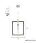 Woodburn One Light Pendant Light In Brushed Nickel Dimmable Modern Rectangle Fixture 14x20" size with measurements