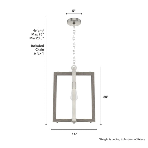 Woodburn One Light Pendant Light In Brushed Nickel Dimmable Modern Rectangle Fixture 14x20" size with measurements