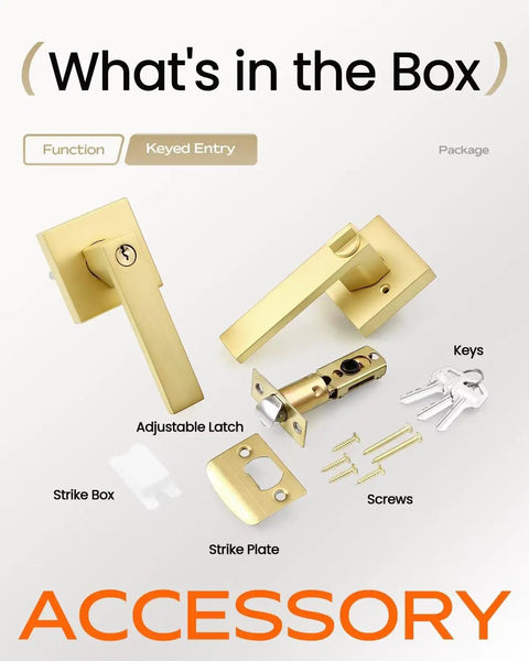 Accessories for 5 Pack Keyed Alike Exterior Door Levers With Lock In Gold Finish, including keys, screws, and latch parts.