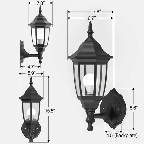 Outdoor Wall Lanterns With Bulbs Built To Last Weatherproof And Anti Corrosion Matte Black Plastic Porch Sconces, dimensions and side views