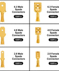 600 Piece Gold Plated Spade Connectors Crimp Terminals Kit 2.8mm 4.8mm 6.3mm Male Female Wire Blocks arranged in a grid.