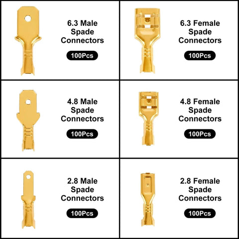 600 Piece Gold Plated Spade Connectors Crimp Terminals Kit 2.8mm 4.8mm 6.3mm Male Female Wire Blocks arranged in a grid.
