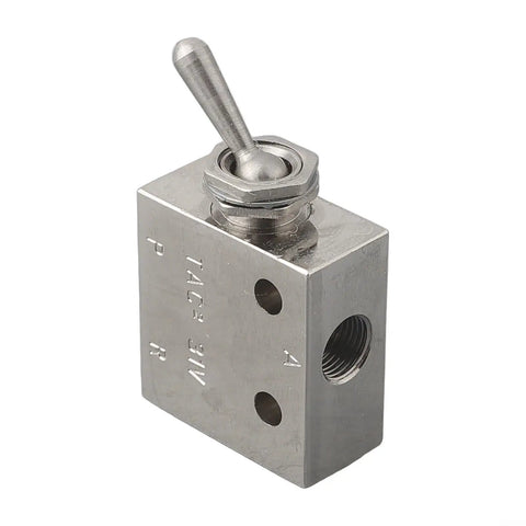 2 Position 3 Way Mechanical Pneumatic Valve 2-31V with toggle lever, silver-tone metal body, front view