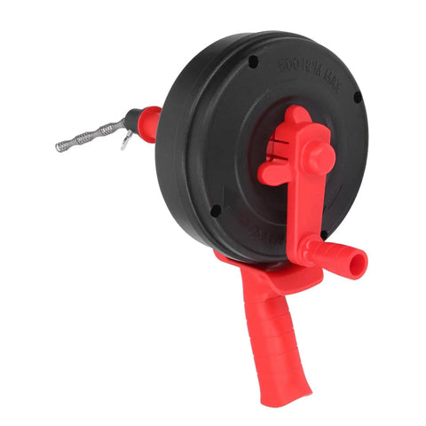 Heavy Duty Drain Auger And Plumbing Snake Built With Rock Solid 65 Manganese Steel Spring, ergonomic red handle for easy use.