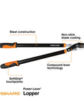 Go-To 28-Inch Power-Lever Bypass Lopper showing steel construction, non-stick blade coating, and SoftGrip touchpoints.