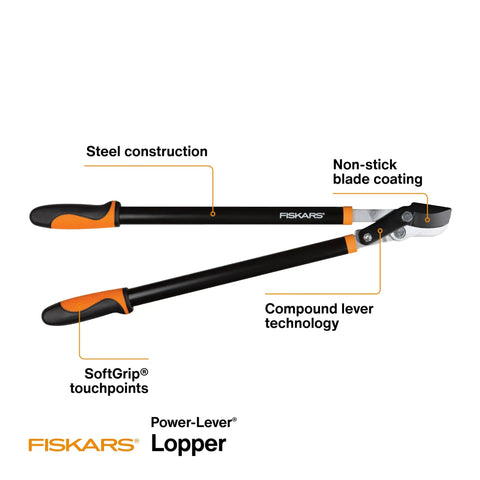 Go-To 28-Inch Power-Lever Bypass Lopper showing steel construction, non-stick blade coating, and SoftGrip touchpoints.