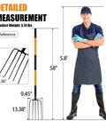 Heavy Duty Garden Pitch Fork With 5 Tines And Fiberglass Handle 58 Inches shown with detailed measurements and person for scale.
