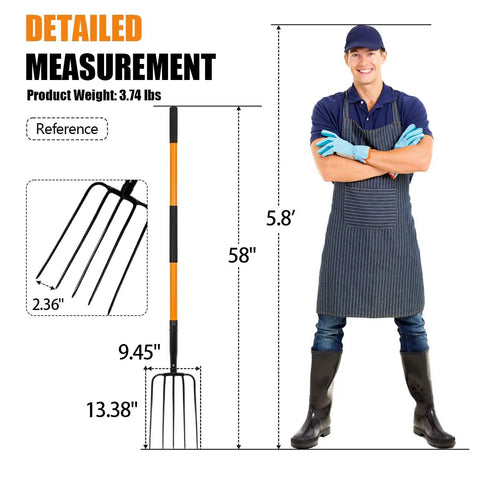 Heavy Duty Garden Pitch Fork With 5 Tines And Fiberglass Handle 58 Inches shown with detailed measurements and person for scale.
