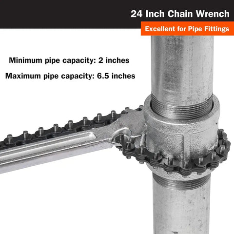 Heavy Duty 24 Inch Chain Wrench With Bi Directional Ratcheting And Double Serrated Jaw Forged Carbon Steel Handle Tool in use