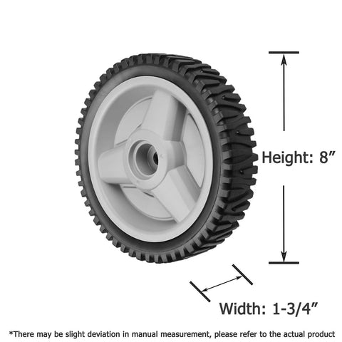 Front view of 8-inch Front Drive Wheels Replacement For HU700F Self Propelled Lawn Mower 2 Pack Gray With 53 Gear Teeth Easy Install With Wrench Durable Plastic Front Wheels For HU Series Fits HU5521 CHV RSX 5521 Models.