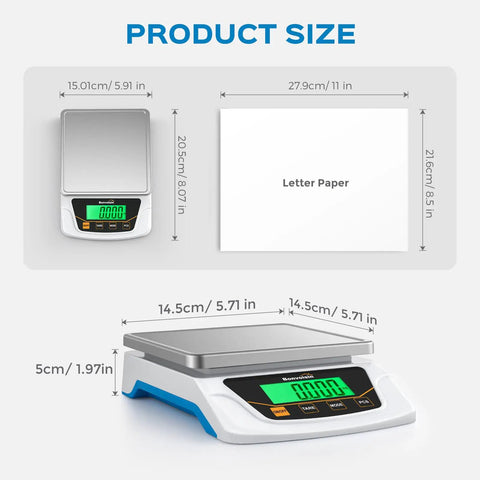 Pro Grade High Precision 6000G Digital Lab Scale dimensions next to letter paper for size comparison