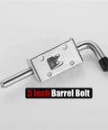 Stainless Steel Sliding Gate Latch Spring Loaded Locking Pin Barrel Bolt, 5 inch size, shown from above with bolt extended.