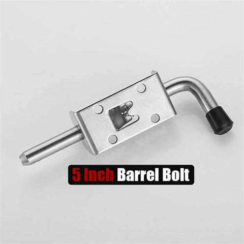 Stainless Steel Sliding Gate Latch Spring Loaded Locking Pin Barrel Bolt, 5 inch size, shown from above with bolt extended.