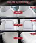 White Leather Recoloring Balm Kit For Tesla Interiors Dope 8-Piece Leather Scratch And Color Restorer showing before and after on seats.