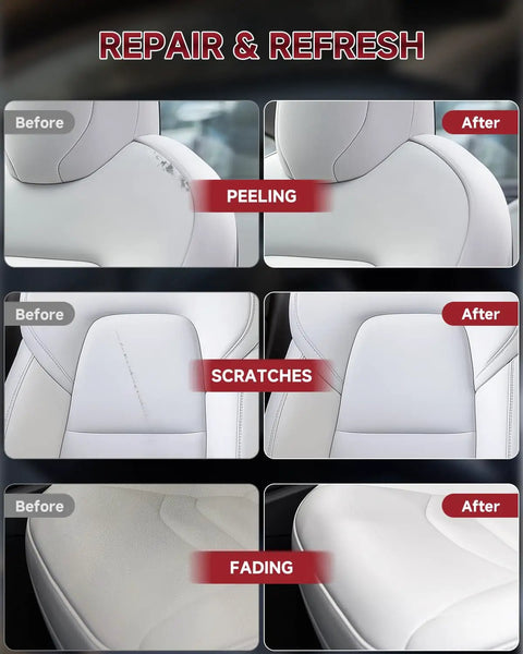 White Leather Recoloring Balm Kit For Tesla Interiors Dope 8-Piece Leather Scratch And Color Restorer showing before and after on seats.