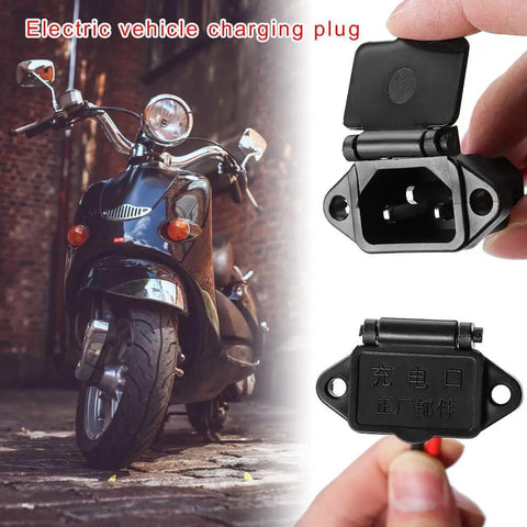 Image of black scooter and Universal Three Hole EBike Charger Socket With 12AWG Electric Vehicle Connector Plug For Electric Scooters And Battery Chargers, 45cm Lead, Secure Connection, Easy Fit, High Conductivity held in hand