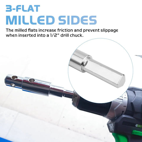 3-flat milled sides on heavy duty two stage auger adapter for three quarter and seven eighths inch shaft power drill