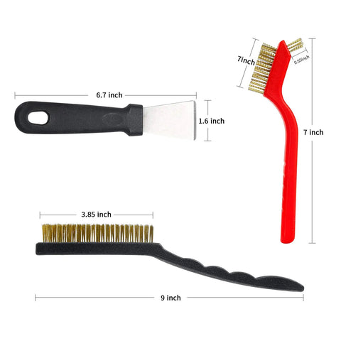 Eight-Piece Wire Brush Set With Heavy-Duty Scrapers And Brass, Nylon, And Stainless Steel Bristles For Rust, Paint, Slag, And Dust Cleanup