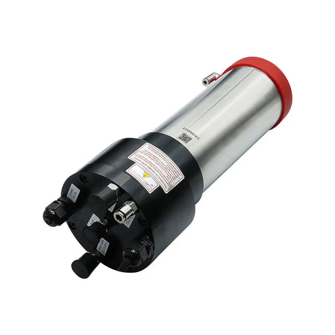 Kickass 1500W Water Cooled ATC Spindle With Automatic Tool Changer And Electronic Starter top view showing silver metal casing and black attachments.