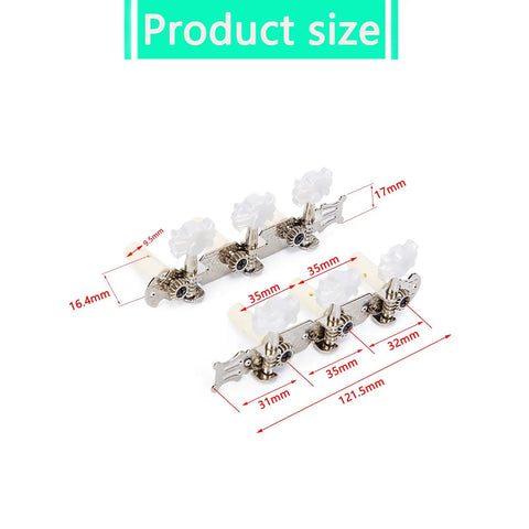 Durable Rock Solid Zinc Alloy Guitar Tuning Peg Set with silver finish and precise sizes for classical and folk guitars.