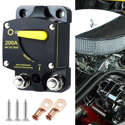 Heavy Duty Circuit Breaker With Manual Reset Switch For 12V And 48V DC Trolling Motors Marine Rv Electronics, 200A, weatherproof design.