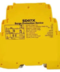 Industrial Surge Protection Device For DIN Rail 20kA Protector, yellow unit with electrical specifications printed on front.
