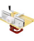 Badass Universal Metal Router Lift Kit Delivers Sick Precision For Your Woodworking Bench With Sweet Two Inch Vertical Travel and Hella Fine Micro Tweaks For Chamfer Trimming And Fits 64 To 66 Millimeter Motors, showing router lift with aluminum plate and depth adjustment.