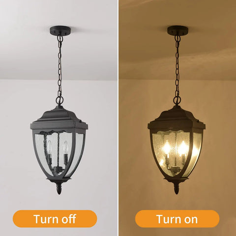 Outdoor Pendant Light Fixture For Porch And Entryway In Black Finish With Seeded Glass Lantern lit and unlit.