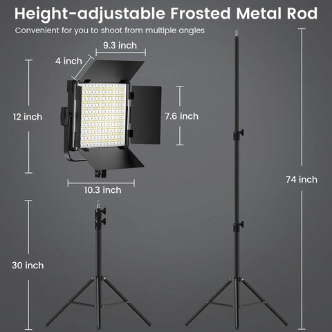 Two Pack RGB Photography Lighting Kit With 50W Bi Color LED Pro Grade Studio Lights 2300K To 8500K Dimmable standing on adjustable rods