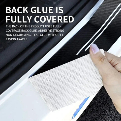 Hella Durable 9 Piece Door Sill Protectors For Tesla Cybertruck 2024 Plus, showing fully covered adhesive back glue application.