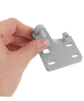 Heavy Metal Replacement Hinges For Commercial Fridge And Freezer Doors. Gray steel hinge with right angle design held by hand.