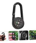 Portable Double Sided Hiking Compass With Carabiner Pocket Sized Mini Outdoor Navigation Tool, shown clipped on backpack and in hand.