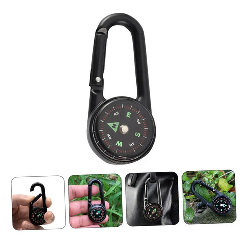 Portable Double Sided Hiking Compass With Carabiner Pocket Sized Mini Outdoor Navigation Tool, shown clipped on backpack and in hand.