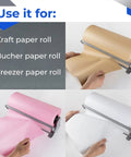 Kraft Paper Dispenser With Smooth Cut Blade Reinforced Steel Countertop Holder use with various paper rolls in kitchen setting.