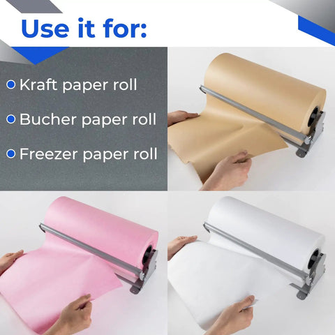 Kraft Paper Dispenser With Smooth Cut Blade Reinforced Steel Countertop Holder use with various paper rolls in kitchen setting.