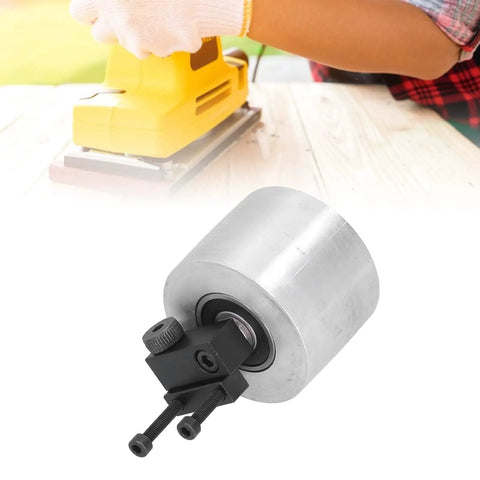 All Purpose Aluminum Alloy Belt Grinder Tracking Wheel Built Tough For Heavy Duty Woodworking And Pipe Polishing Smoothly Handles Curved Shapes Without Breaking A Sweat, shown with a sanding tool.