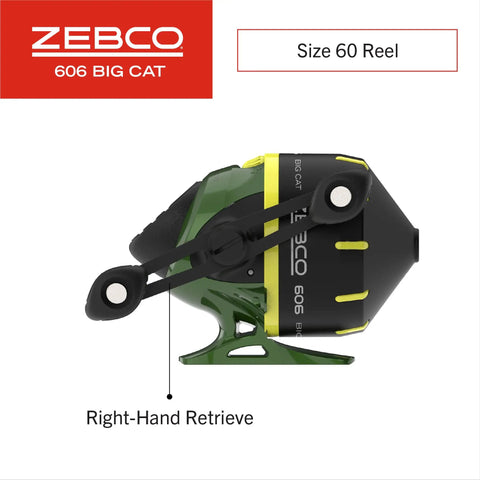Zebco 606 Big Cat size 60 reel, right-hand retrieve, part of Big Cat Spincast Gear 7 Foot Two Piece Telescopic Rod With Medium Heavy Power Size 60 Reel Includes 11 Piece Eagle Claw Tackle Kit For Freshwater Catfishing Ready To Haul In Monsters.