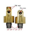 Two Way Rotating Joint Hose Fitting DN25 One And Three Eighths Inch Brass No Leak Seal 360 Degree Rotation Smooth Operation Anti Kink Design Built To Last For High Pressure Plumbing And Irrigation brass fitting shown with two-way and one-way ports, DN25 threads