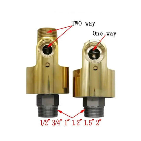 Two Way Rotating Joint Hose Fitting DN25 One And Three Eighths Inch Brass No Leak Seal 360 Degree Rotation Smooth Operation Anti Kink Design Built To Last For High Pressure Plumbing And Irrigation brass fitting shown with two-way and one-way ports, DN25 threads