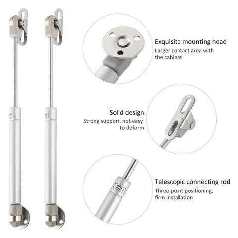 Heavy Duty Four Piece Gas Strut Cabinet Door Lift Support Kit With Pneumatic Rod Hydraulic Spring Hinges in silver detail view