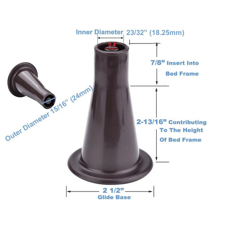 Sturdy Plastic Bed Frame Replacement Feet for Wheels, 7/8 Inch Insert, 2 13/16 Inch Height, dark brown, dimensions labeled